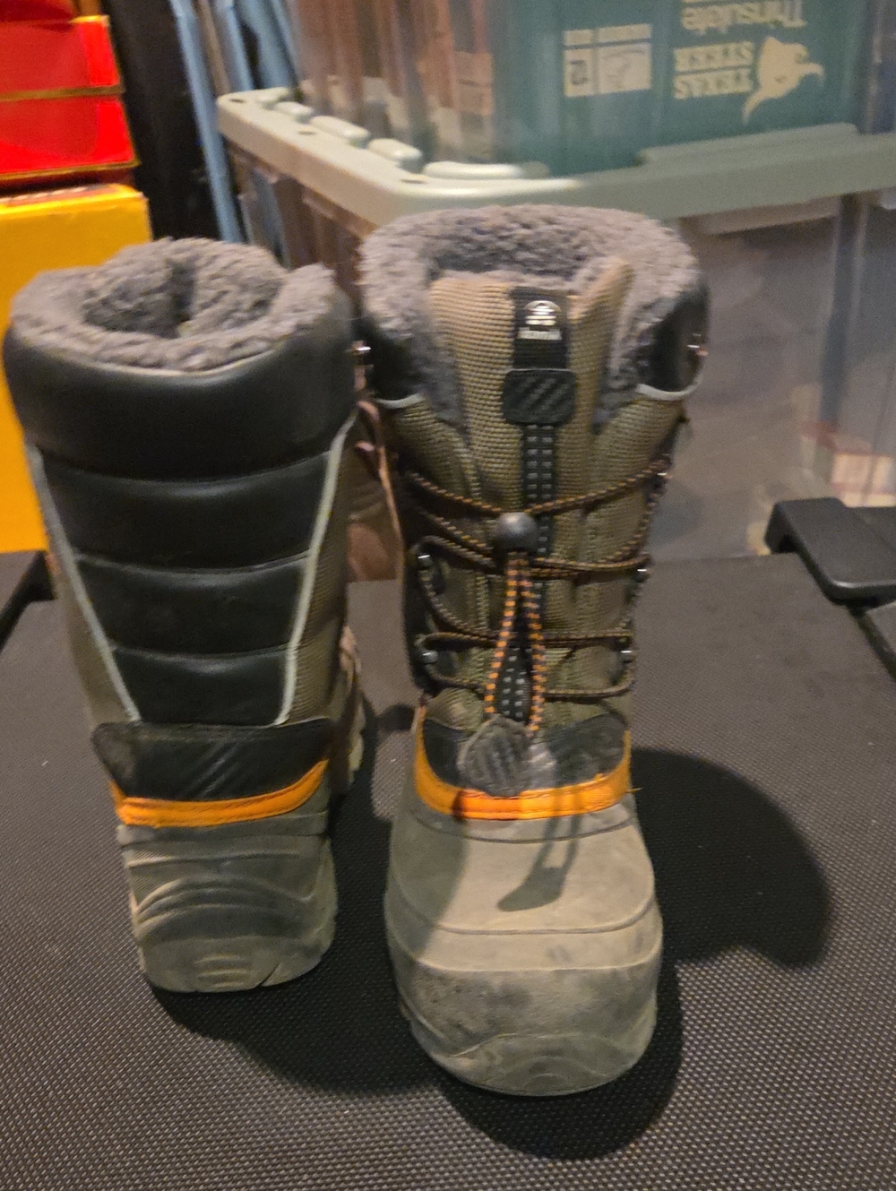 Kamik Olive Green and Orange Kids Snow Boots with Gray Fleece Collar